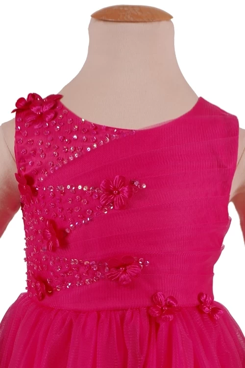 Meisjesjurk Fuchsia Met Organza En Bloemetjes - Afbeelding 4
