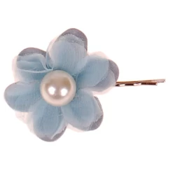 Schuifspeldje Grijsblauwe Bloem Met Organza En Parel (14mm) - 4cm