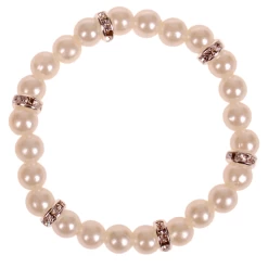 Kinderarmbandje - Zilverkleurige Spacers Met Strass - Ivoorkleurige Pareltjes 6mm