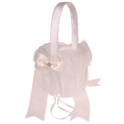 Bloemenmandje Ivoorkleurig Met Organza Strik, Pareltjes En Strass