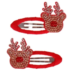 Kerst Haarclipjes - Set - Glittersteentjes Rudolf Rendier Hoofdje En Rode Neus - 5,5cm