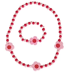 Kinderketting En Armbandje Met Roze Kraaltjes Met Bloemetjes