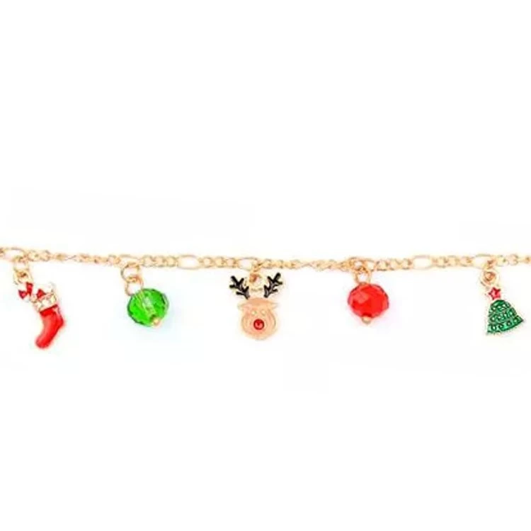 Kerst Armband Goudkleurig Met Bedeltjes En Steentjes - Sok/Rendier Rudolf/Kerstbel - Afbeelding 2