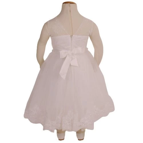 Ivoren Meisjesjurk Met Geborduurde Bloemenrand Aan De Onderrand En Een Rij Kraaltjes Aan Lijfje - Afbeelding 5