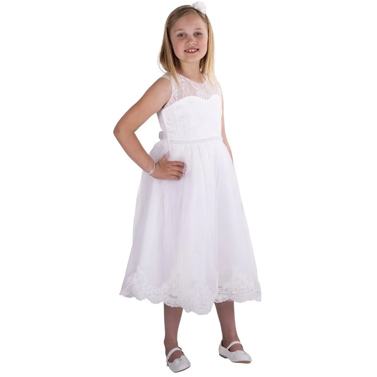 Ivoren Meisjesjurk Met Geborduurde Bloemenrand Aan De Onderrand En Een Rij Kraaltjes Aan Lijfje - Afbeelding 10