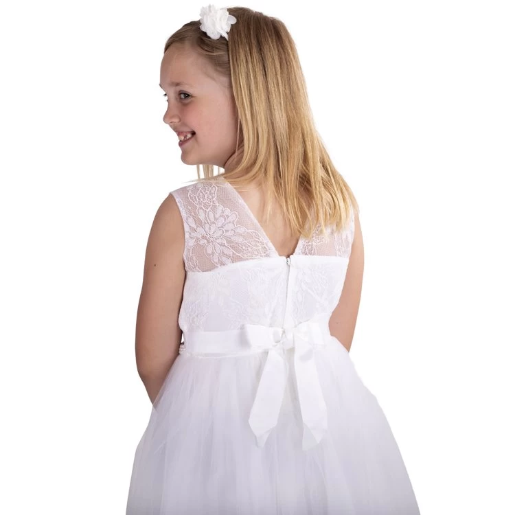 Ivoren Meisjesjurk Met Geborduurde Bloemenrand Aan De Onderrand En Een Rij Kraaltjes Aan Lijfje - Afbeelding 11