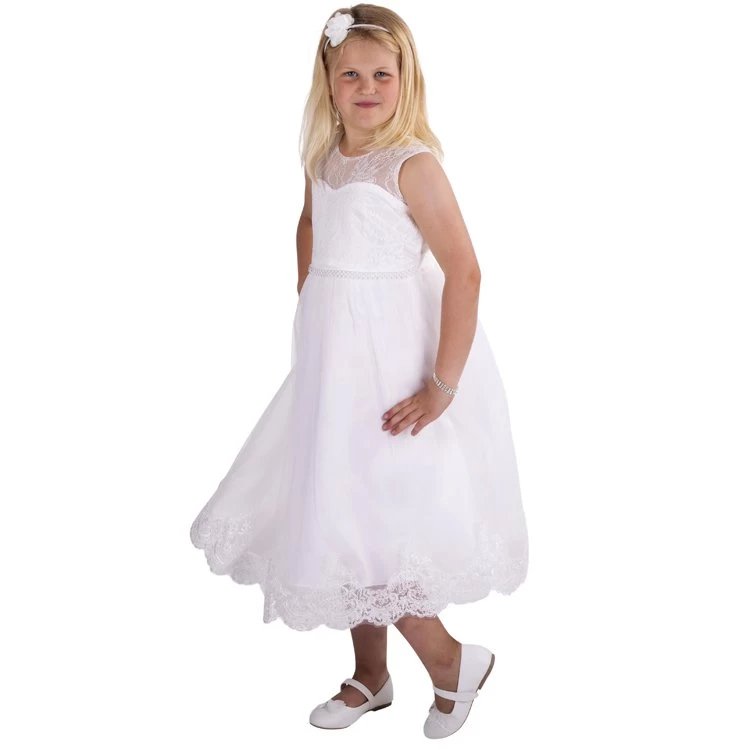 Ivoren Meisjesjurk Met Geborduurde Bloemenrand Aan De Onderrand En Een Rij Kraaltjes Aan Lijfje - Afbeelding 12