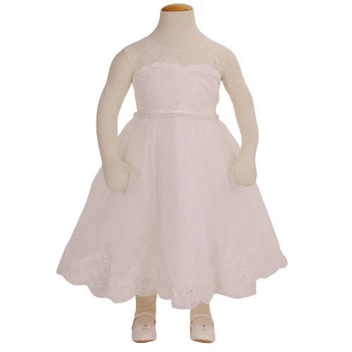 Ivoren Meisjesjurk Met Geborduurde Bloemenrand Aan De Onderrand En Een Rij Kraaltjes Aan Lijfje