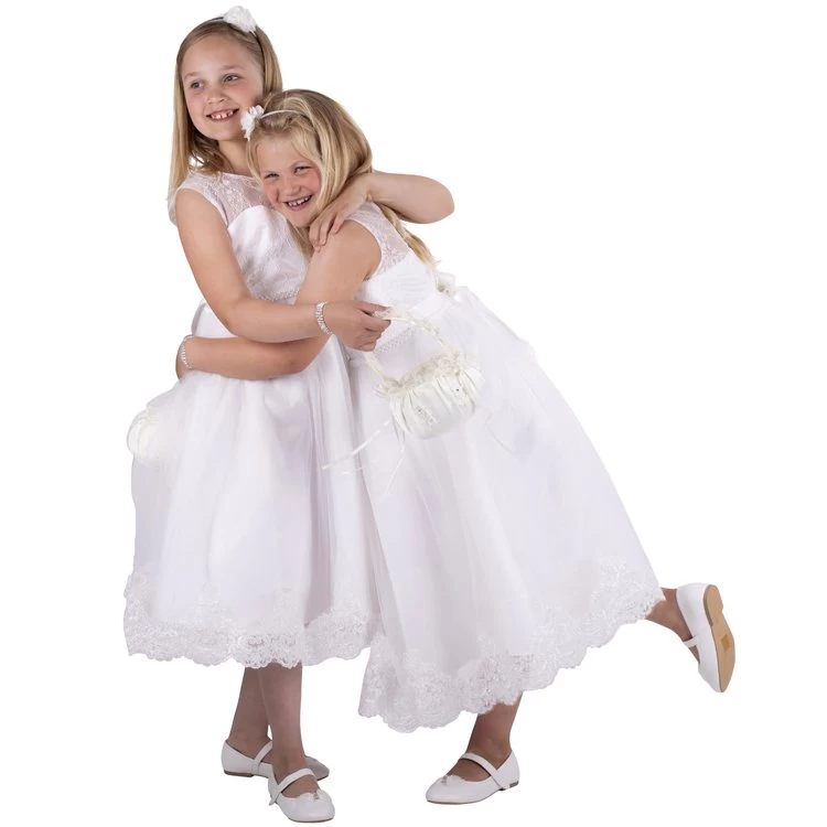 Ivoren Meisjesjurk Met Geborduurde Bloemenrand Aan De Onderrand En Een Rij Kraaltjes Aan Lijfje - Afbeelding 6