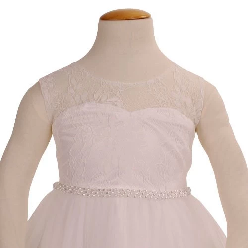 Ivoren Meisjesjurk Met Geborduurde Bloemenrand Aan De Onderrand En Een Rij Kraaltjes Aan Lijfje - Afbeelding 2