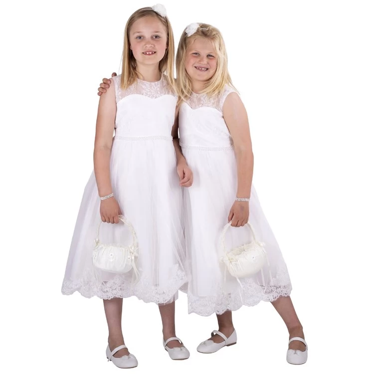 Ivoren Meisjesjurk Met Geborduurde Bloemenrand Aan De Onderrand En Een Rij Kraaltjes Aan Lijfje - Afbeelding 7