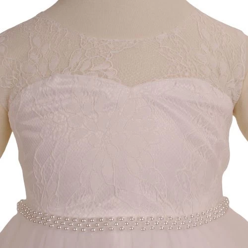 Ivoren Meisjesjurk Met Geborduurde Bloemenrand Aan De Onderrand En Een Rij Kraaltjes Aan Lijfje - Afbeelding 3