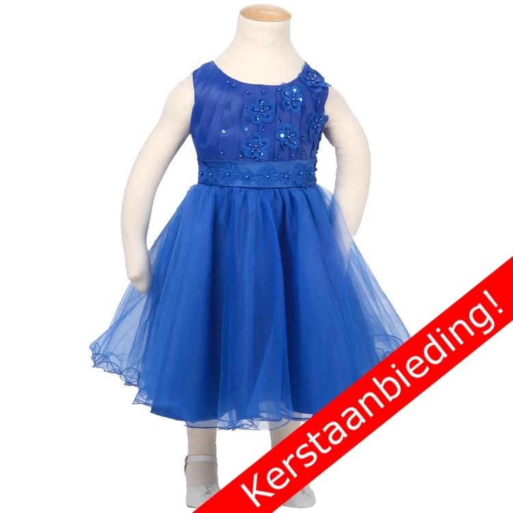 Meisjesjurk Koningsblauw Met Bloemetjes En Tule - Afbeelding 4