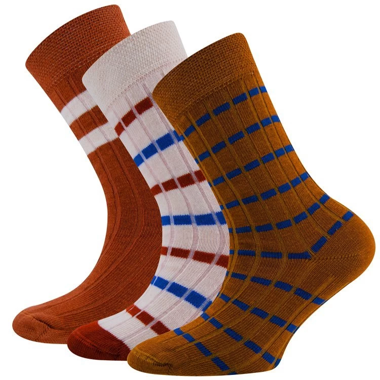 Ewers Set Van 3 Paar Kindersokken - Ribsokken Met Strepen - Oranjebruin/Blauw