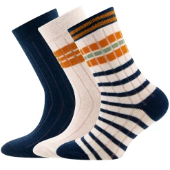 3-Pack Kindersokken Ewers Met Ribpatroon - Set - Effen Donkerblauw En Creme-Donkerblauw-Oranjebruin Strepen
