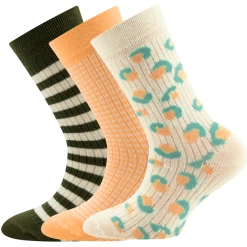 3-Pack Ewers Kindersokken Ribpatroon - Set - Perzik-Beige-Groen Met Streepjes En Vlekmotief