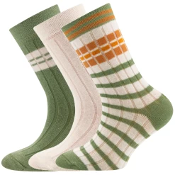3-Pack Kindersokken Ewers Met Ribpatroon - Set - Effen Creme En Groen-Creme-Oranjebruin Strepen