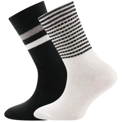 2-Pack Kindersokken Ewers - Set - Zwart Met Strepen Wit/Grijs En Wit Met Zwarte Streepjes