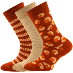3-Pack Kindersokken Ewers Met Ribpatroon - Set - Oranjebruin Met Beige Vlekmotief En Streepjes