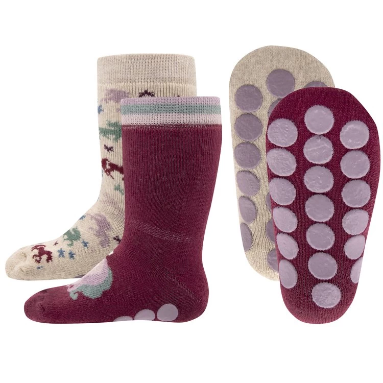 Antislipsok Roze Noppen Maat 35/38 - Dubbelpak - Beige Met Gekleurde Eenhoorns/Wijnrood Eenhoornhoofd - Ewers - Afbeelding 2