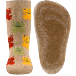 Antislipsok Ewers Zand/Beige Met Grappige Kikkertjes In Groen-Oranjebruin-Geel-Lichtblauw