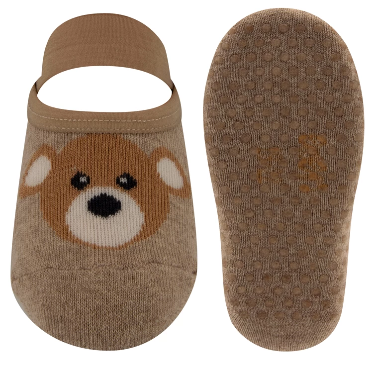 Antislipslofjes Ewers Beige/Zand Met Bruine Beertje - Elastische Voetband - Silconenen Nopjes