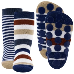 Ewers Dubbelpak Antislipsokken Met Noppen - Blauw/Wit/Oranjebruin Gestreept