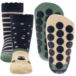 Antislipsok Noppen - Dubbelpak - Berenhoofdje / Blauw En Groen Met Strepen En Bewerkt Randje - Ewers