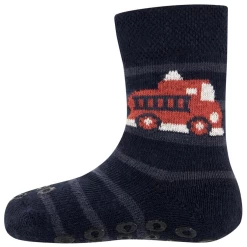 Baby Antislipsok - Nopjes - Donkerblauw Met Rode Brandweerauto - Ewers