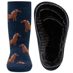 Antislipsok Ewers Donkerblauw Met Bruine Paardjes Met Zadel