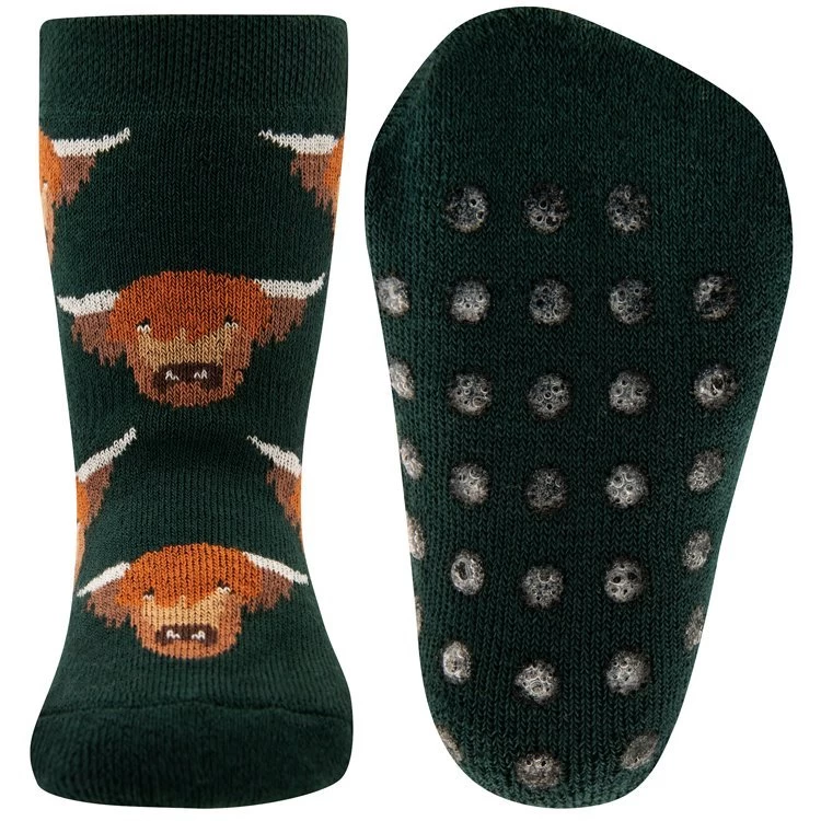 Antislipsok Donkergroen Schotse Hooglander Koe - Ewers - GOTS Biologisch Katoen