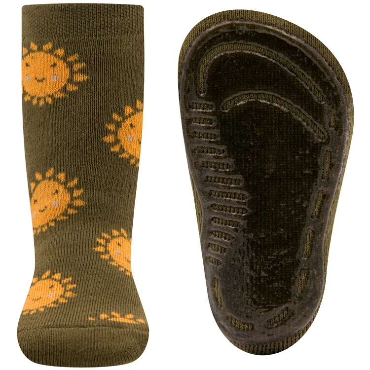 Antislipsok Ewers - Olijfgroen Met Warm Gele Vrolijke Zonnen