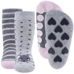 Ewers Dubbelpak Antislipsokken Met Noppen - Grijs Met Muisje En Grijs Met Strepen