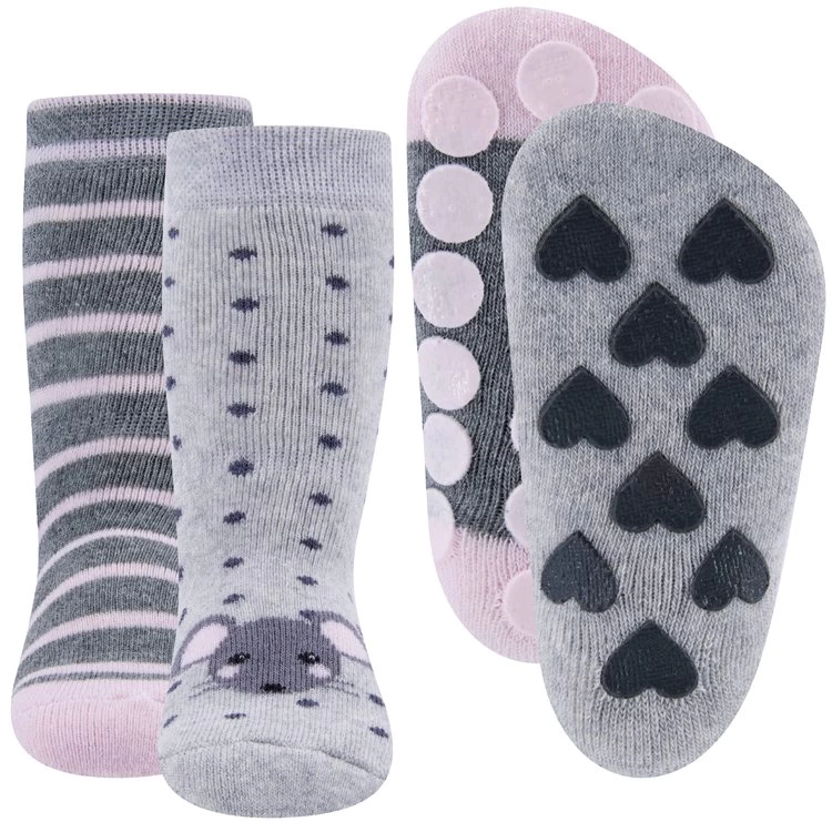 Ewers Dubbelpak Antislipsokken Met Noppen - Grijs Met Muisje En Grijs Met Strepen