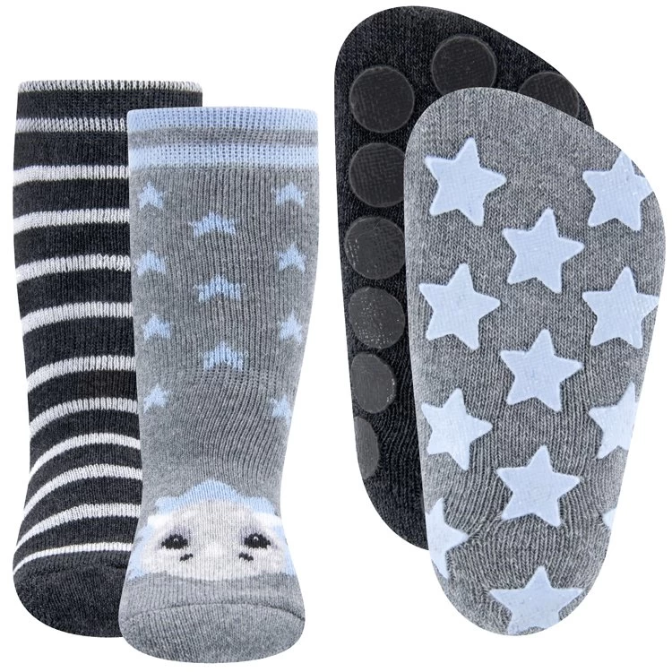 Ewers Dubbelpak Antislipsokken Met Noppen - Grijs Met Dinosaurus En Grijs Met Strepen