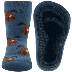 Antislipsok Jeansblauw Met Grappige Bruine Hondenhoofdjes - Ewers