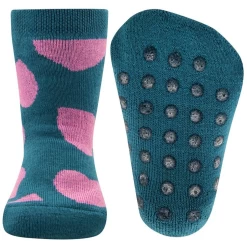 Antislipsok Petrolblauw Met Roze Hartvormen - Ewers - Biologisch Katoen GOTS
