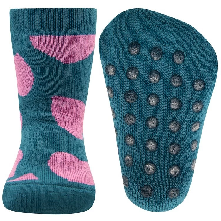 Antislipsok Petrolblauw Met Roze Hartvormen - Ewers - Biologisch Katoen GOTS