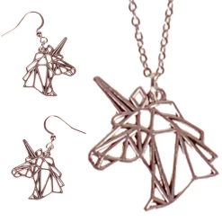 Set - Ketting 55cm RVS - Oorbellen Zilverkleurig - Hangertjes Eenhoorn Hoofd Geometrische Lijnen