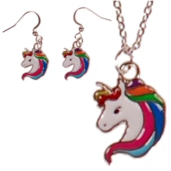 Set - Ketting 55cm RVS - Oorbellen Zilverkleurig - Hangertjes Emaille Eenhoorn Zilverkleurig 1,5cm