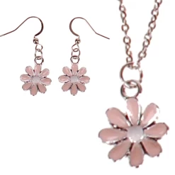 Set - Ketting 55cm RVS - Oorbellen Zilverkleurig - Hangertjes Roze Emaille Bloemetje Zilverkleurig 1,5cm